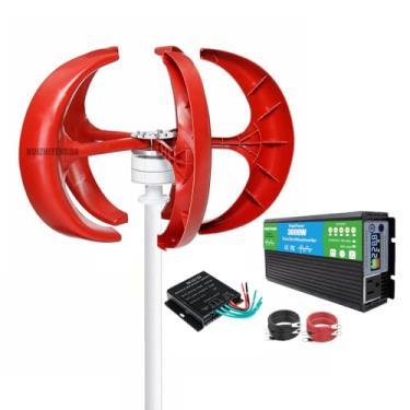 Imagem de 12V,Kit de gerador de turbina eólica 3000W para uso ao ar livre vermelho 12V / 24V Lanterna vertical moinho de vento gerador sem ruído w/controlador e conversor de inversor de potência