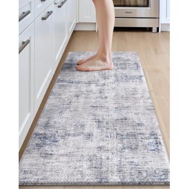 Imagem de DEXI Tapetes de cozinha acolchoados antifadiga, 58 x 159 cm de largura, confortável, impermeável, retrô, floral, espuma viscoelástica acolchoada, para pia frontal, lavanderia, azul