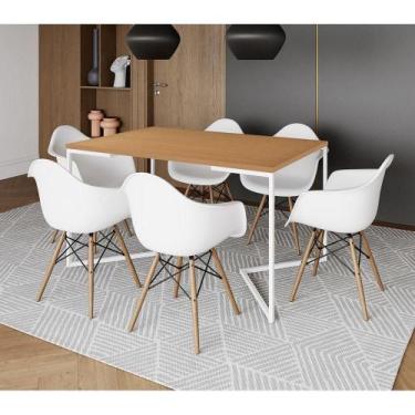 Imagem de Mesa Jantar Industrial Retangular Canela 137X90Cm Base V Ferro Branco 