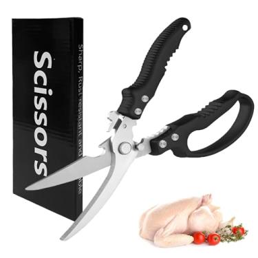 Imagem de ANMIOU Tesoura de cozinha de aço inoxidável, trava de segurança, tesouras afiadas de aves de capoeira resistentes para alimentos, ossos de frango, peru, podem ser lavadas na lava-louças, 24 cm, preta