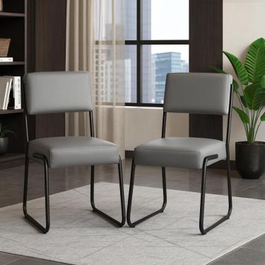 Imagem de Kit 2 Cadeiras Decorativa Sala De Estar Cozinha Jantar Flórida Couro Sintético Cinza Tubo Preto