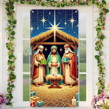 Imagem de BlissYard Banner para porta de Natal feliz natal 89 x 189 cm, decoração de porta da frente com três homens sábios, manjedoura, bebê Jesus e estrelas, para exibição de parede interna e externa no