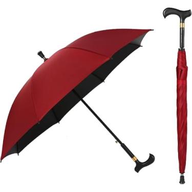 Imagem de Guarda-chuva De Bengala 2 Em 1, Guarda-chuva De Muleta De Bengalas, à Prova De Vento, Presente Ideal Para Pais, Escalada, Caminhada, Convivência Na Chuva, Red, One Size