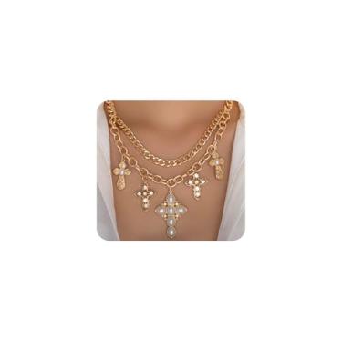 Imagem de Colar com pingente de cruz dourada para mulheres, crucifixo grosso, colar de pérola vintage, joias modernas, Large, Liga de aço, Sem Pedra Preciosa