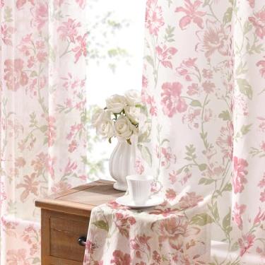 Imagem de Cortinas florais rosa de 153 cm de comprimento, 2 painéis, elegantes francesas, românticas, com estampa de flores, cortinas transparentes para quarto, privacidade, filtro de luz, bolso para varão