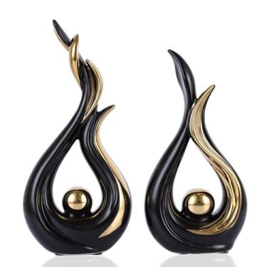 Imagem de Estátua de cerâmica de arte abstrata de decoração de casa moderna - Conjunto de 2 objetos de mesa de jantar em ouro preto, decoração de nó dourado para mesa de café, estante de livros, suporte de TV