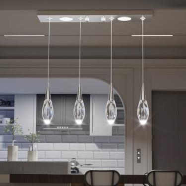 Imagem de ABTTOI Luzes pendentes retangulares de 4 luzes para cozinha, ilha, cristal, sala de jantar, lustres lineares prateados para sala de estar, corredor, quarto