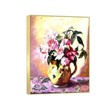 Imagem de BMZFYBS Arte de parede em tela de flores reprodução de pintura famosa - imagens de moldura dourada para sala de estar - rosas em vaso amarelo - pôster e impressões 80 x 105 cm 31 x 41 pol