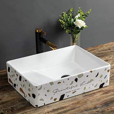 Imagem de Pia de banheiro retangular pia de vaso de banheiro com tábua de lavar acima do balcão bacia de cerâmica de porcelana branca, sem orifício de transbordamento, pia de cerâmica apenas pia de vaso