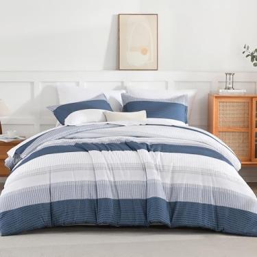 Imagem de Andency Conjunto de edredom King Size azul mineral, cama leve listrada azul em uma bolsa, microfibra macia reversível com edredom, lençol de cima, fronhas e fronhas