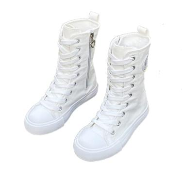 Imagem de Amtopiyo Tênis casual feminino chique de lona cano médio com cadarço e zíper lateral, Branco, 14