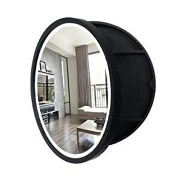 Imagem de AKALNNB Armário de espelho redondo inteligente com porta aberta - Armário de espelho redondo de banheiro de madeira maciça - Armário de armazenamento de banheiro para parede