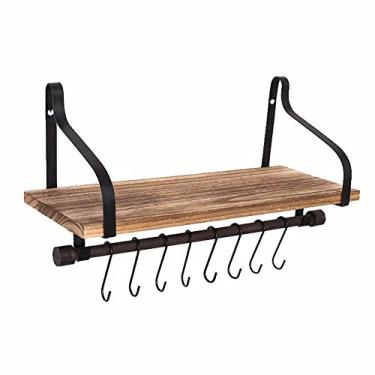 Imagem de Prateleira flutuante para armazenamento de madeira rústica para especiarias de cozinha com barra de toalha e 8 ganchos removíveis para organizar utensílios de cozinha ou canecas, preto carbonizado (43