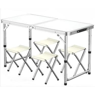 Imagem de Mesa Dobrável Maleta Alumínio 120 * 60cm E 4 Banqueta Portátil mall inline 1,20m Vira Com Alça Resistente Oferta(Branco +4 Bancos(120x60))