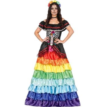 Imagem de Fantasia Halloween Feminina Adulta Vestido Classico Caveira Mexicana Longo Saia Colorida com Babados Dia dos Mortos e Bruxas (Arco-iris, P 38-40)