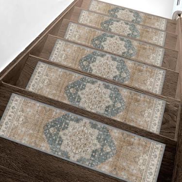 Imagem de Escadas antiderrapantes para degraus de madeira 15 peças - tapete de segurança interno de 20,3 x 76,2 cm, tapetes de borda com adesivo TPE, tapetes de escada adequados para animais de estimação e