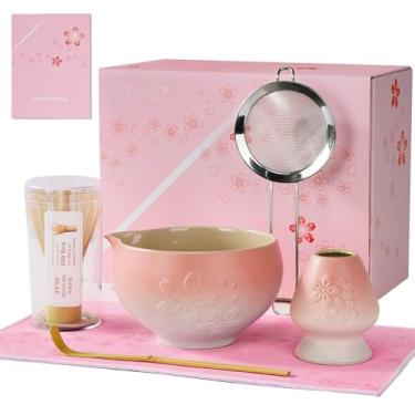 Imagem de ZENS Conjunto de batedor Matcha, tigela matcha de cerâmica rosa com Sakura em relevo, kit de chá Matcha de 6 peças inclui batedor de bambu, colher e peneira, toalha de chá para cerimônia Matcha, rosa