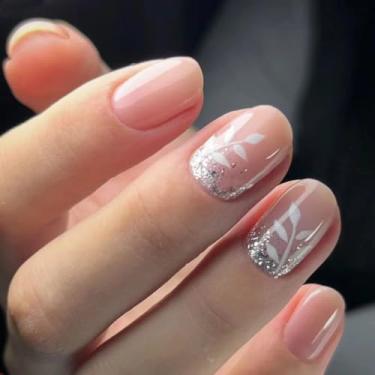 Imagem de 24 peças de unhas postiças rosa nude - unhas postiças quadradas curtas de acrílico com kit de cola, unhas postiças com glitter de qualidade de salão para mulheres e meninas, unhas postiças fáceis de