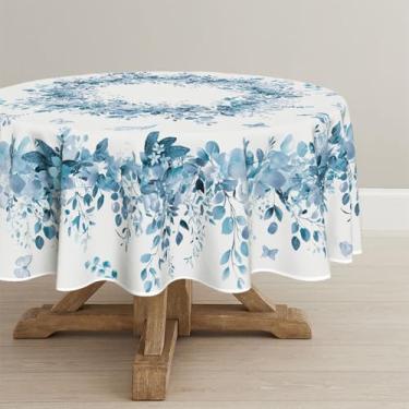 Imagem de Horaldaily Toalha de mesa de primavera 228 × 236 cm, redonda, eucalipto, floral, azul, para decoração de festa, piquenique, jantar