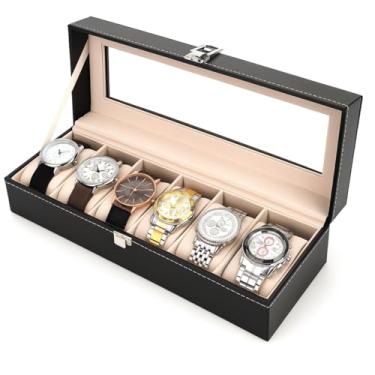 Imagem de Porta Relógios Caixa Organizadora Premium com 6 Compartimentos, Preta, Interior em Veludo Bege, Estojo para relogios com 6 Divisorias