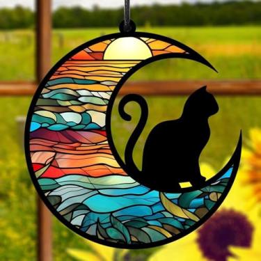 Imagem de Apanhador de sol colorido de acrílico, lua crescente com silhueta de gato, decoração com design de vitral impresso, apanhador de sol, ideia de presente e ornamento de jardim, uso interno e externo