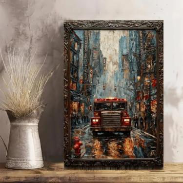 Imagem de Arte de parede em tela rústica vintage de caminhão de bombeiros - Pôster sem moldura de 30 x 45 cm - Decoração de casa e escritório para sala de estar, quarto, cozinha e café