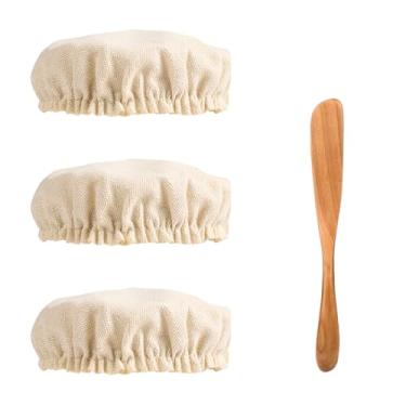 Imagem de 3 peças de capas de pano para iniciantes de massa fermentada com espátula, capa de fermentação de pão de tecido cru reutilizável, costurada, tampa de pano para tigela de 7 a 10 cm