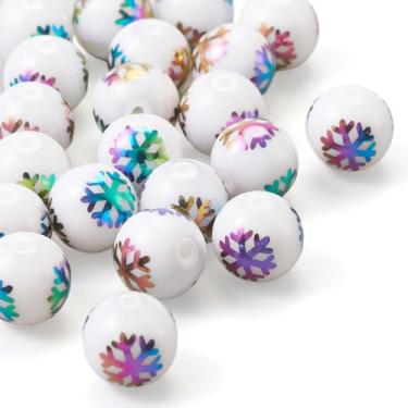 Imagem de 20 peças de contas de vidro redondas de Natal de 10 mm galvanizadas com padrão de floco de neve, esferas, espaçadores, para fazer joias de Natal, pulseira, colar, brincos, colar, chaveiro