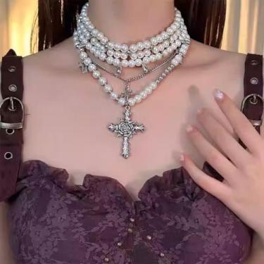 Imagem de Conjunto de 3 peças/conjunto de colares Y2K com cruz de pérola, gargantilha de várias camadas para mulheres, coreano, vintage, punk gótico, acessórios de joias