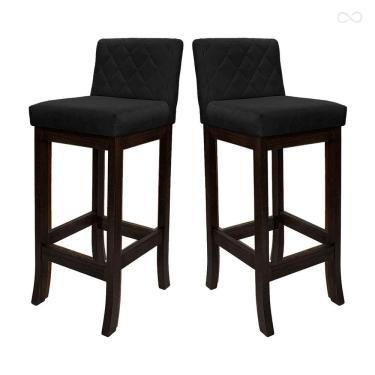 Imagem de Kit 2 Banquetas Alta de Madeira Maciça Tóquio com Encosto Matelassê Suede Preto CCS