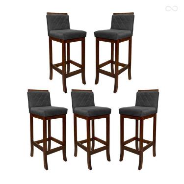 Imagem de Kit 5 Banquetas Alta para Bancada de Cozinha Nice Madeira Castanho Matelassê Suede Cinza CCS