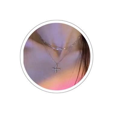 Imagem de Aneneiceera Colar gargantilha vintage com cruz de cristal em camadas, colar com pingente de cruz em zircônia cúbica de prata, colar de crucifixo fino, colar religioso, joia para mulheres, Zinco, Sem