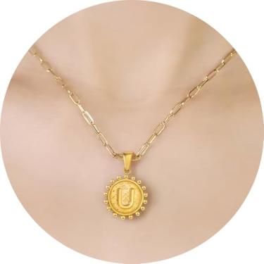 Imagem de Colar com pingente circular inicial A-Z, joia personalizada de aço inoxidável com bordas decorativas, adequado para mulheres, F, Aço inoxidável, Sem Pedra Preciosa