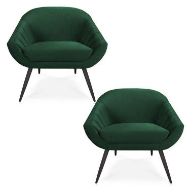 Imagem de Kit 02 Poltronas Giovana Veludo Verde Esmeralda Pés Palito De Ferro