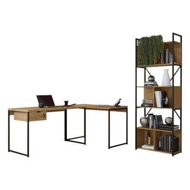Imagem de Escritório Completo Industrial 4 Peças (2 Escrivaninhas + 1 Estante + 1 Complemento) Freijo/Preto - Kappesberg