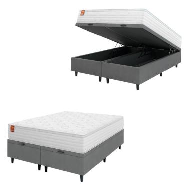 Imagem de Cama Box Baú Colchão Casal King Molas Ensacadas Real Branco / Cinza Inducol Branco