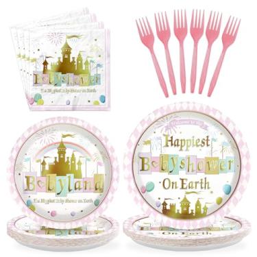 Imagem de Greencian 96Pcs Princess Castle Baby Shower Party Supplies Happy Baby Shower on Earth Party Plates and Napkins Pastel Rainbow Stripes Gold Glitter Tableware Set for Girl Birthday Decorations Serves 24