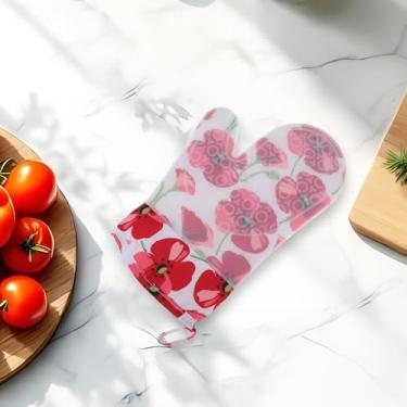 Imagem de Generic 1 peça de luvas de forno luva curta de borda plana flor vermelha lavagem à mão apenas pano de algodão de silicone vermelho 28 x 18,5 cm