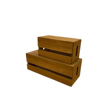 Imagem de 2 conjuntos de caixas de gerenciamento de cabos de madeira Masuda Paulownia – Organizador de cabos de madeira feito à mão para réguas, roteadores, carregadores – Armazenamento ecológico de cabos de