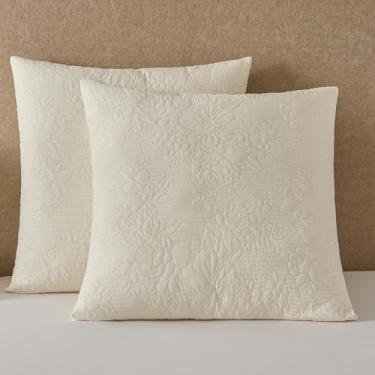 Imagem de YINFUNG Conjunto de 2 fronhas acolchoadas europeias creme marfim 66 x 66 fronhas de almofada de algodão bordadas florais francesas decorativas grandes para cama sofá em relevo Matelasse
