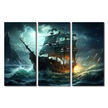 Imagem de Decoração de parede fantasia arte de parede navio pirata arte moderna para escritório navio pirata em mar tempestuoso impressão de imagem em tela decorações de parede emolduradas prontas para pendurar