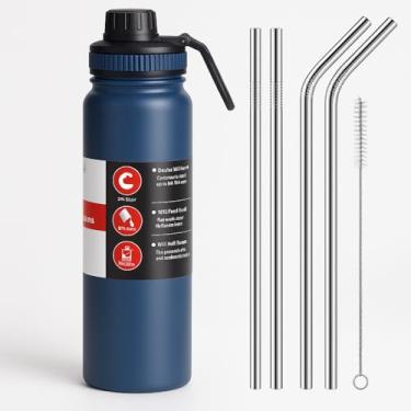 Imagem de Kit Garrafa Térmica Inox 800ml com Alça e Bico + Canudos Reutilizáveis Inox 30cm Grosso – Garrafa de Água Térmica para Academia, Esportes, Viagem e Uso Diário (CORES SORTIDAS)