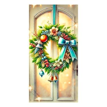 Imagem de BlissYard Capa de porta de Natal 188 x 89 cm, grinalda elegante com sinos e ornamentos de laço azul, decoração de porta de Natal, faixa de entrada alegre para celebrações de festas em casa