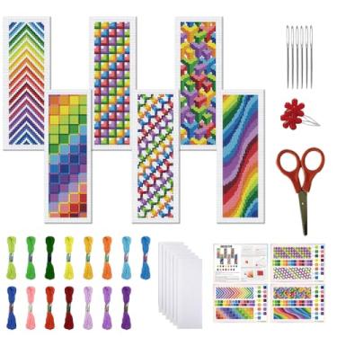 Imagem de FREEBLOSS Conjunto de 6 kits de marcadores de página de ponto cruz, kit de bordado de 11 CT com instruções para iniciantes 20 x 6 cm