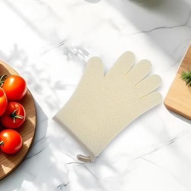 Imagem de Generic 1 luva de forno com borda desossada de 5 dedos luva de forno apenas lavagem à mão agulha de silicone algodão bege 27,5 x 20,5 cm
