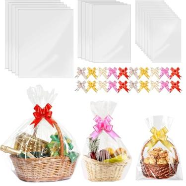 Imagem de Ohuimrt 50 peças de embrulho de celofane para cestas de presente, 3 tamanhos - 61 x 76 cm, 40 x 61 cm, 30 x 45 cm, sacos de presente de plástico transparente, grandes sacos de celofane com laços de