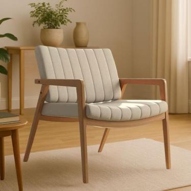 Imagem de Poltrona Decorativa Uxuá Pés de Madeira Maciça em Linho Bege - Brumato