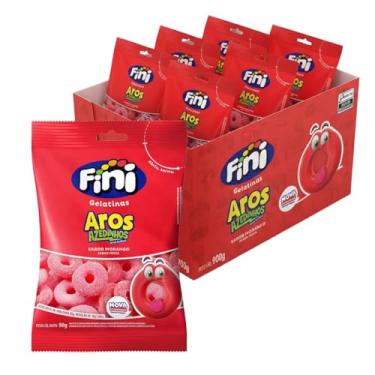 Imagem de Bala Aros Morango Azedinha Fini 80g Goma Caixa Kit C/ 12 unidades