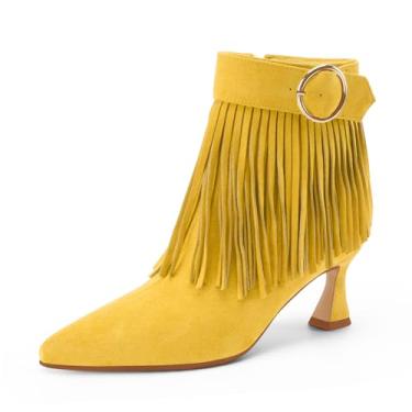 Imagem de Perisis Botas femininas com franjas, salto gatinho, preto, bico fino, camurça, cano curto, com zíper lateral, Amarelo, 36