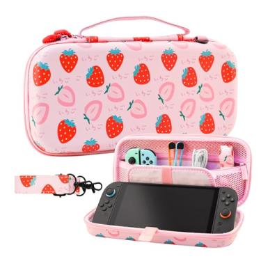 Imagem de GLDRAM Capa De Morango Para Nintendo Switch 2 (2025), Protetora Rígida Portátil E Fofa Viagem Com 10 Compartimentos Cartões Jogo, Bolsa Acessórios Femininos Duráveis, Pacote Armazenamento - Rosa